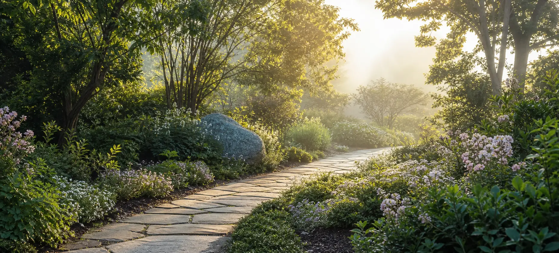 A quiet garden path leading into warm morning light