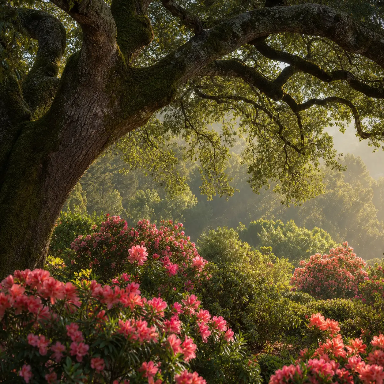 A majestic live oak arching above sunlit pink blossoms